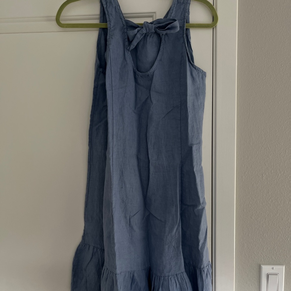 Made in Italy Linen Blue Sleeveless Dress with Bow Detail